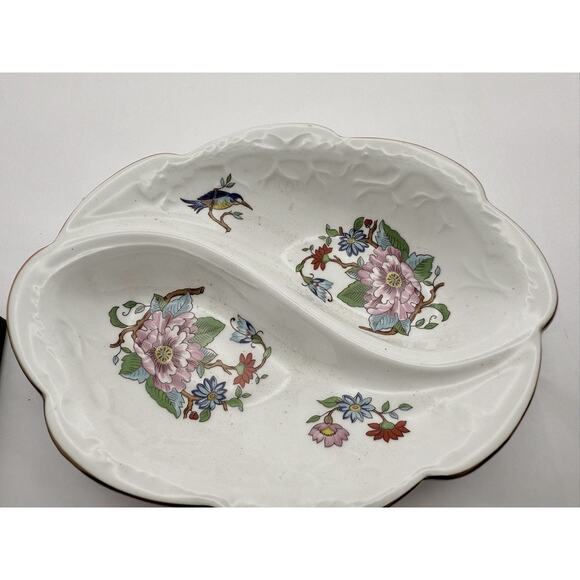 Vintage Aynsley Pembroke Divided Dish Fine Bone China England Bird Floral Tray - Picture 2 of 5